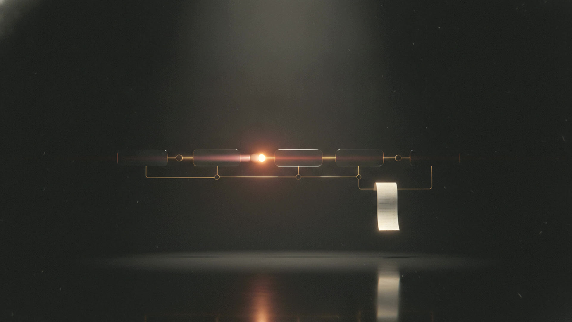 An abstract schematic of the simulated financial ecosystem: linked nodes, a single point of light travelling between two of them, and a blank receipt hanging below.